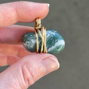Moss Agate Gold Tone Wire Wrap Pendant